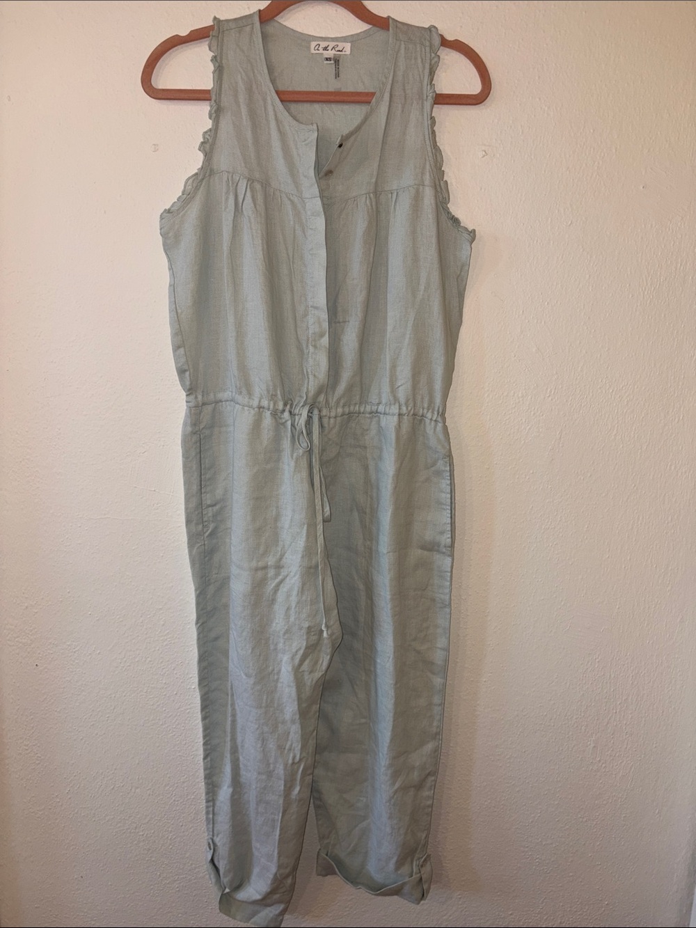 On The Road Light Blue Linen Sleeveless Button-Front Jumpsuit with Drawstring